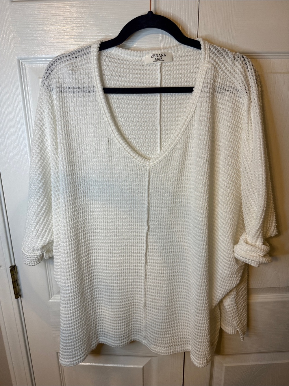 Zenana Outfitters White Waffle Knit V-Neck Top
